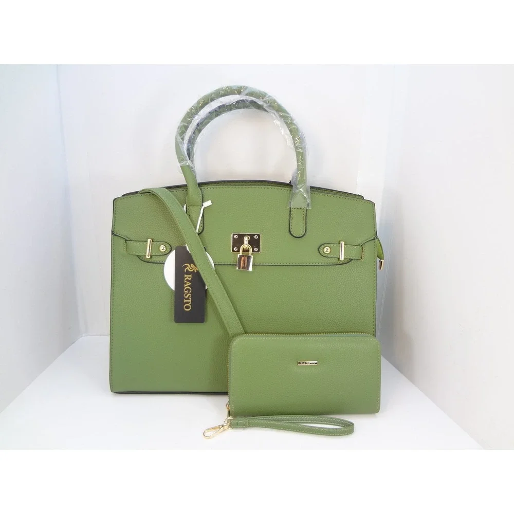 Ragsto Satchel Handbag Wallet Set Large Green New Pebbled Faux‎ Leather Padlock